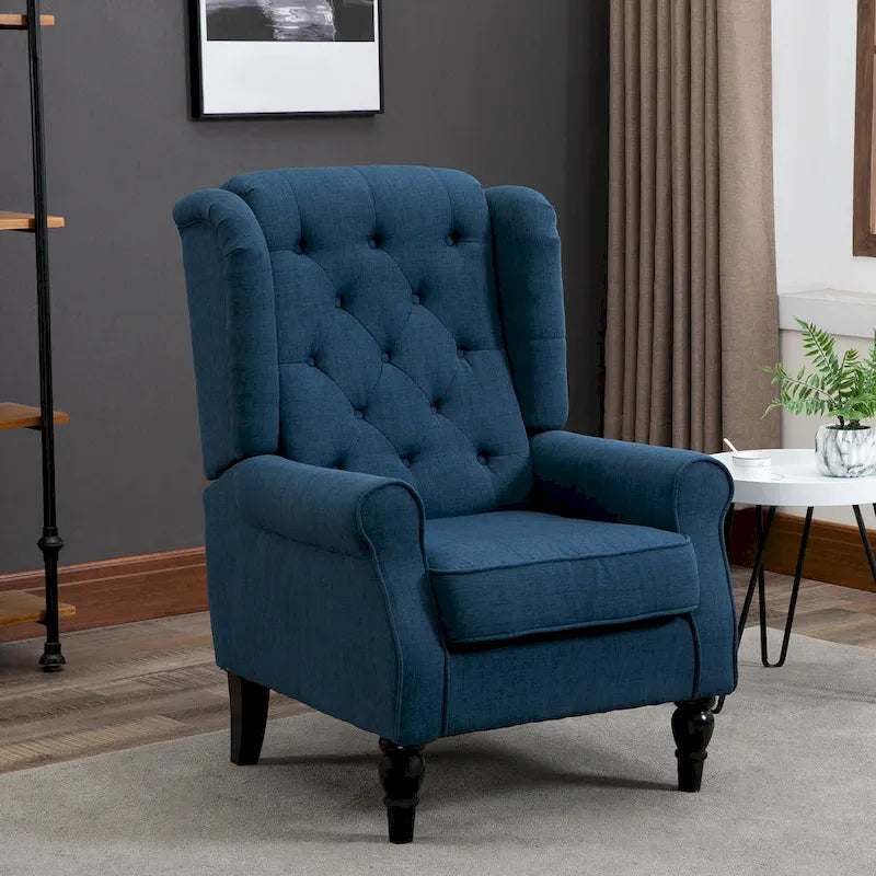 Fauteuil d’appoint capitonné à boutons avec dossier à oreilles haut, accoudoirs arrondis rembourrés et assise épaisse rembourrée, bleu