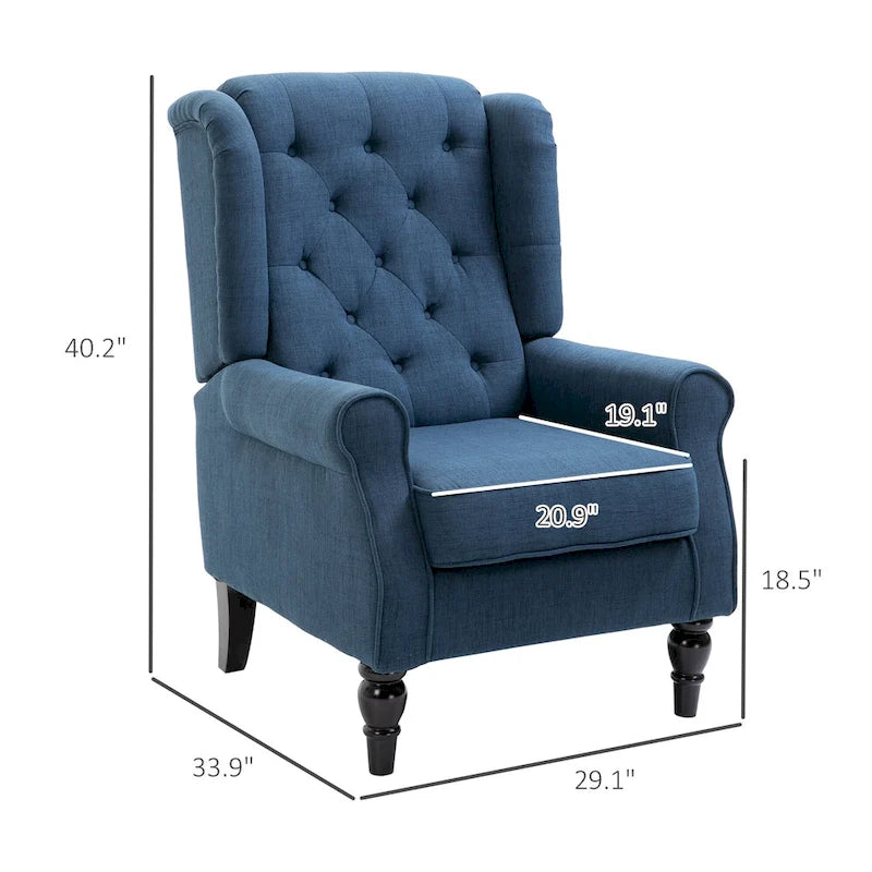 Fauteuil d’appoint capitonné à boutons avec dossier à oreilles haut, accoudoirs arrondis rembourrés et assise épaisse rembourrée, bleu