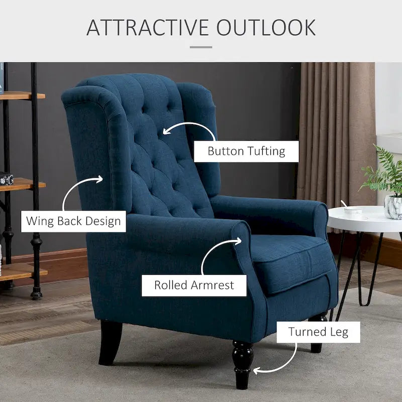 Fauteuil d’appoint capitonné à boutons avec dossier à oreilles haut, accoudoirs arrondis rembourrés et assise épaisse rembourrée, bleu