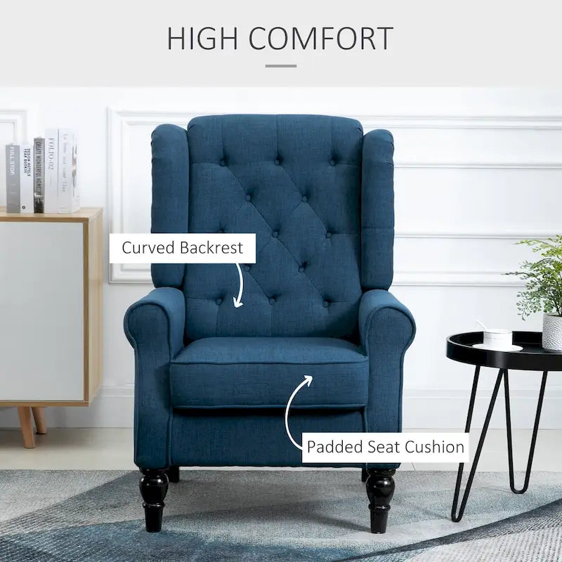 Fauteuil d’appoint capitonné à boutons avec dossier à oreilles haut, accoudoirs arrondis rembourrés et assise épaisse rembourrée, bleu