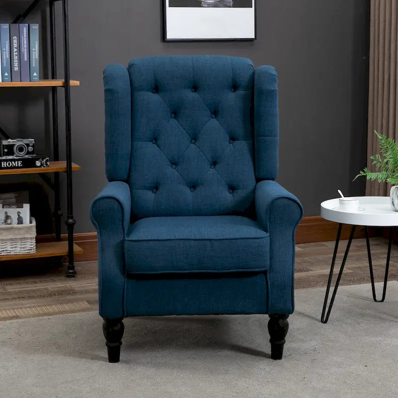 Fauteuil d’appoint capitonné à boutons avec dossier à oreilles haut, accoudoirs arrondis rembourrés et assise épaisse rembourrée, bleu