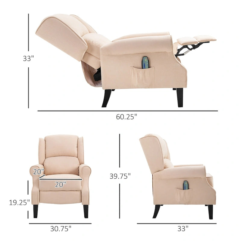 Fauteuil inclinable massant chauffant avec chauffage lombaire et télécommande