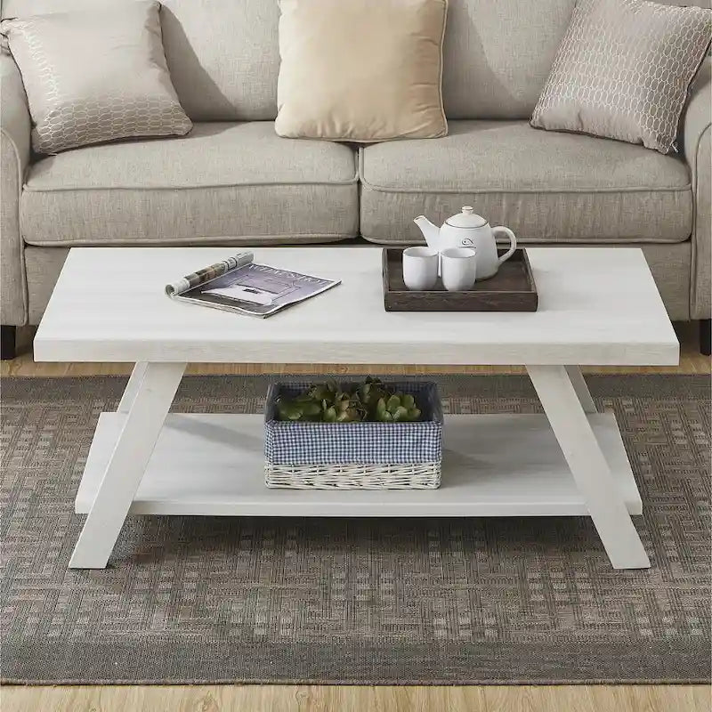 Contemporary Wood Shelf Coffee Table in White Finish, for Living Room