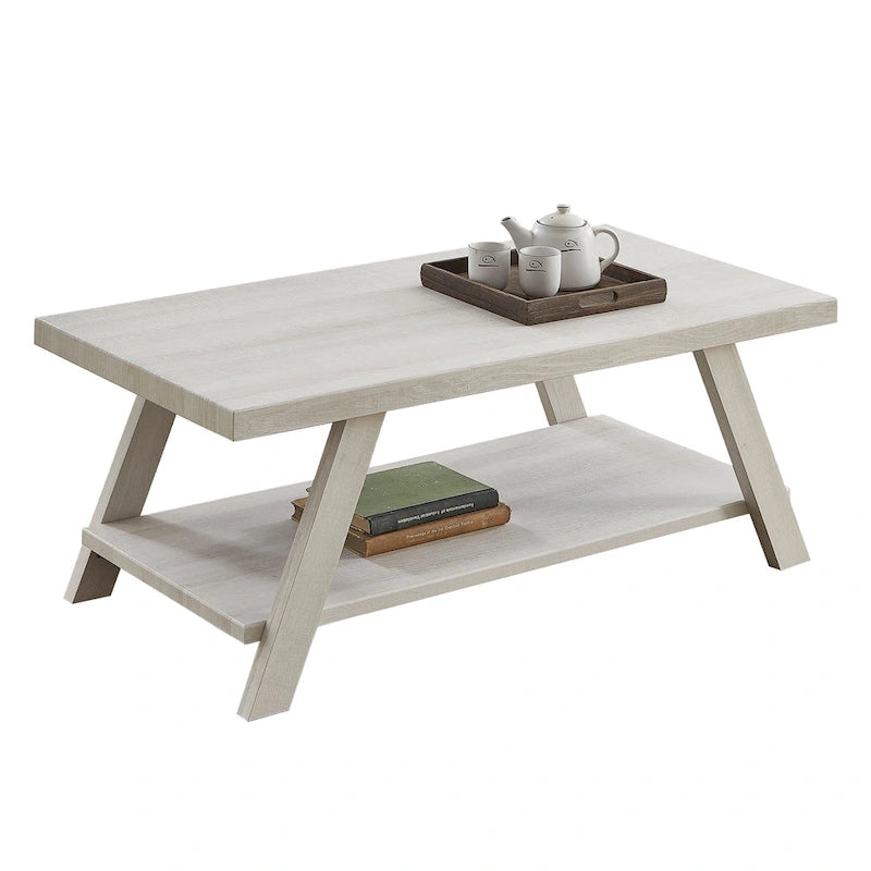 Contemporary Wood Shelf Coffee Table in White Finish, for Living Room