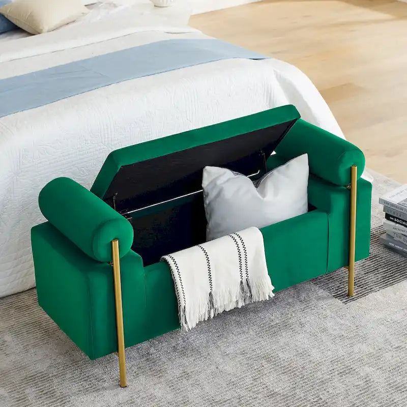 Linen Upholstered Storage Bench with Cylindrical Arms and Gold Metal Legs