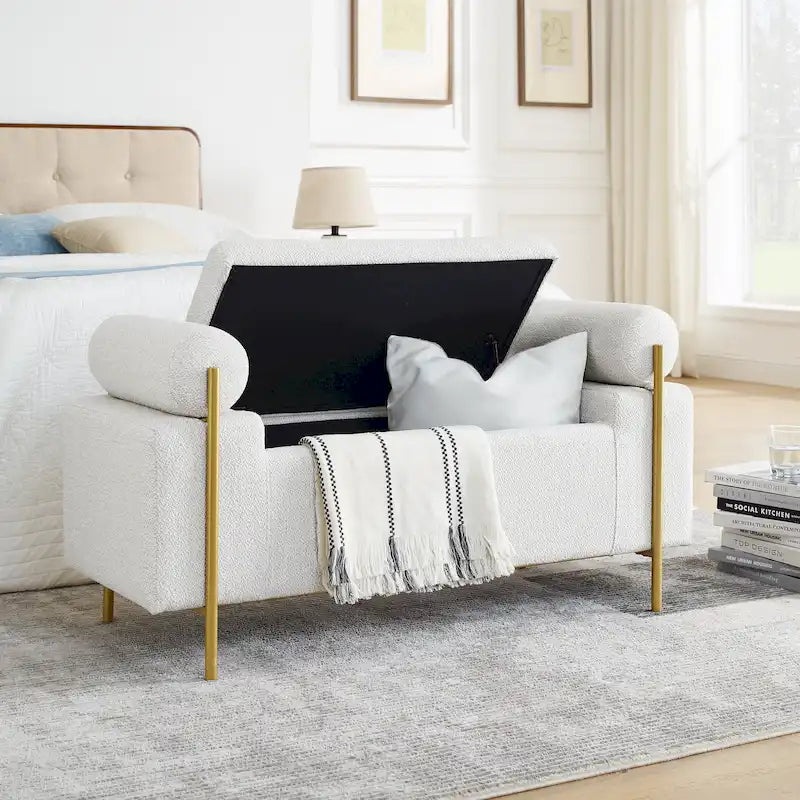 Linen Upholstered Storage Bench with Cylindrical Arms and Gold Metal Legs