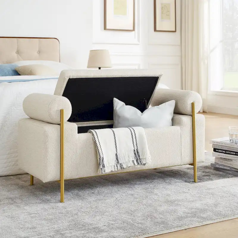 Linen Upholstered Storage Bench with Cylindrical Arms and Gold Metal Legs