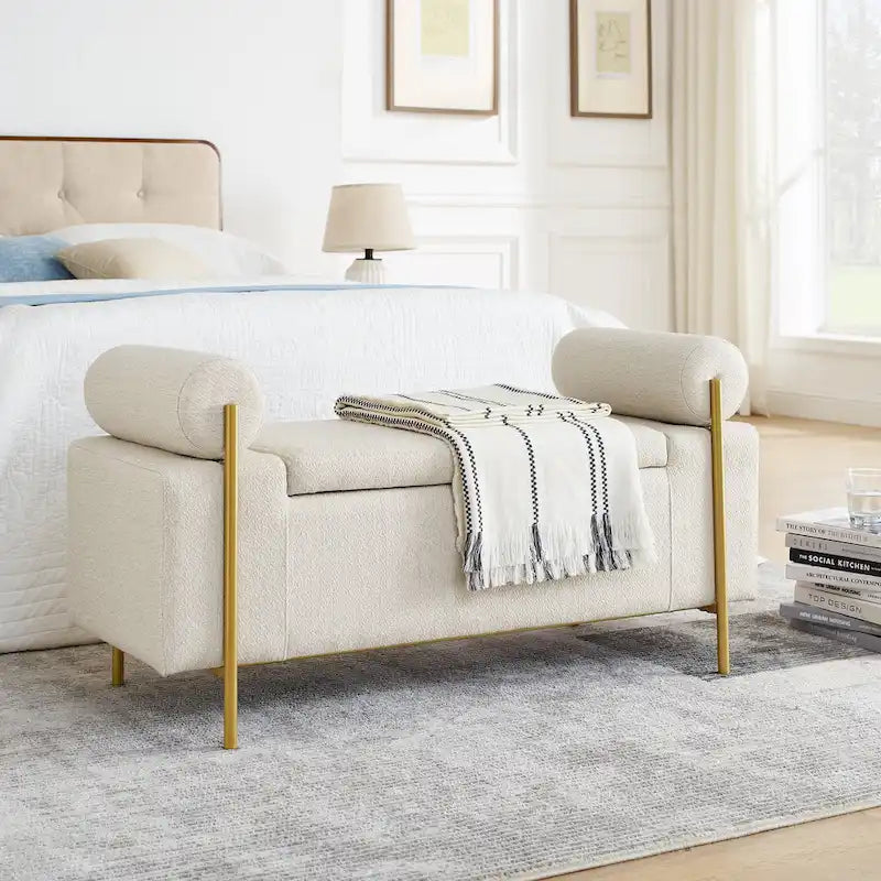Linen Upholstered Storage Bench with Cylindrical Arms and Gold Metal Legs