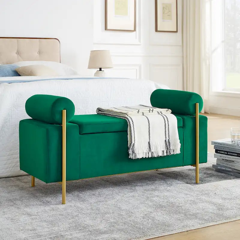 Linen Upholstered Storage Bench with Cylindrical Arms and Gold Metal Legs