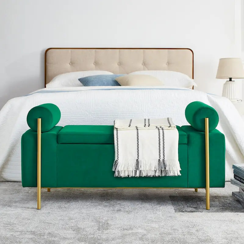 Linen Upholstered Storage Bench with Cylindrical Arms and Gold Metal Legs