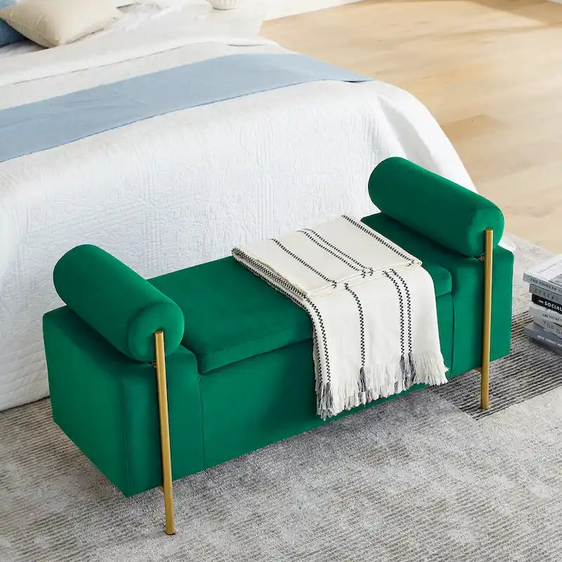 Linen Upholstered Storage Bench with Cylindrical Arms and Gold Metal Legs