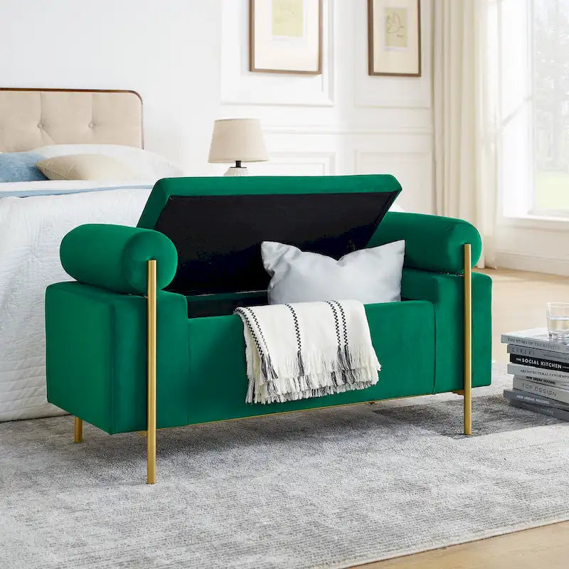 Linen Upholstered Storage Bench with Cylindrical Arms and Gold Metal Legs