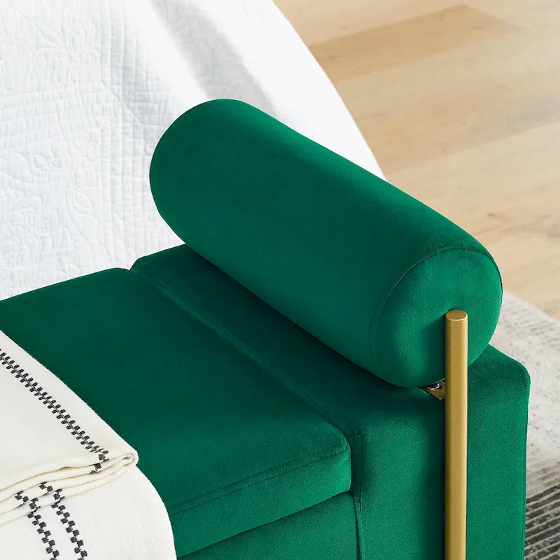 Linen Upholstered Storage Bench with Cylindrical Arms and Gold Metal Legs