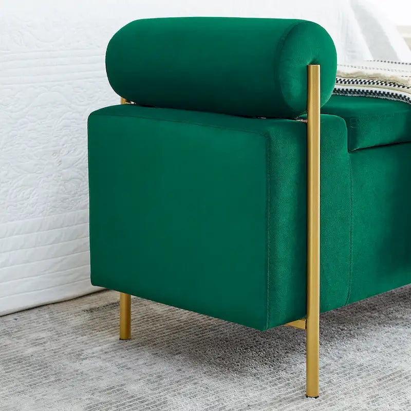 Linen Upholstered Storage Bench with Cylindrical Arms and Gold Metal Legs