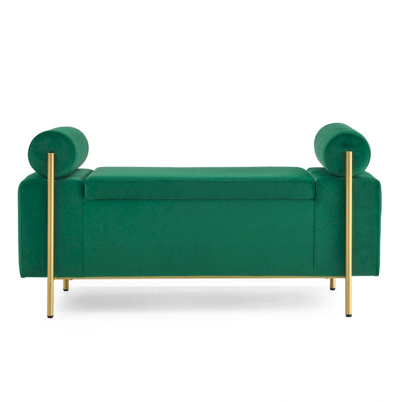 Linen Upholstered Storage Bench with Cylindrical Arms and Gold Metal Legs