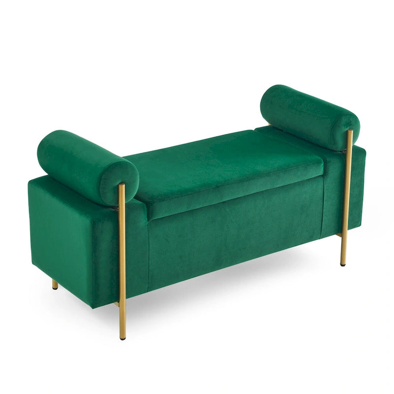Linen Upholstered Storage Bench with Cylindrical Arms and Gold Metal Legs