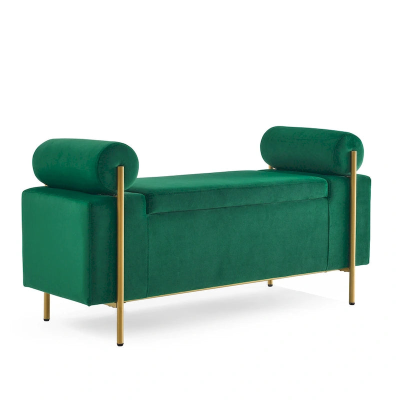 Linen Upholstered Storage Bench with Cylindrical Arms and Gold Metal Legs