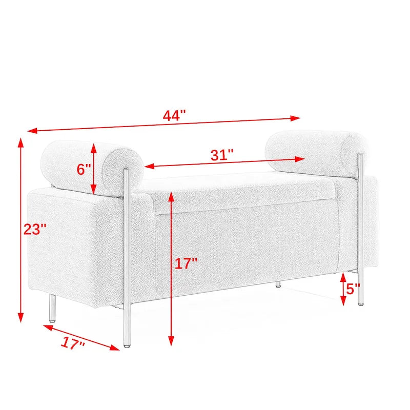 Linen Upholstered Storage Bench with Cylindrical Arms and Gold Metal Legs