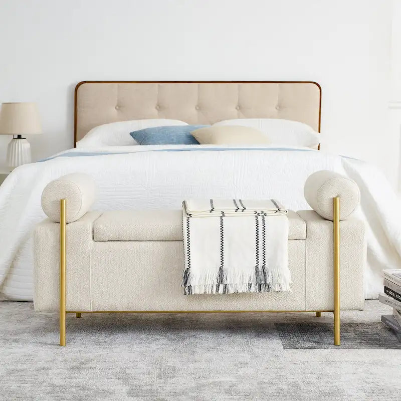 Linen Upholstered Storage Bench with Cylindrical Arms and Gold Metal Legs