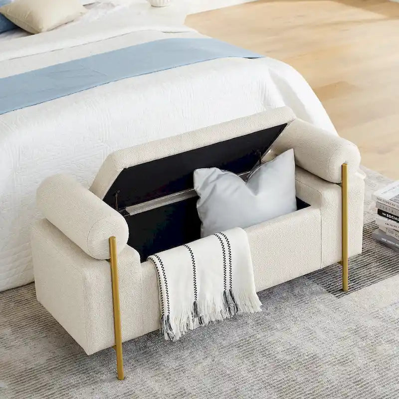 Linen Upholstered Storage Bench with Cylindrical Arms and Gold Metal Legs