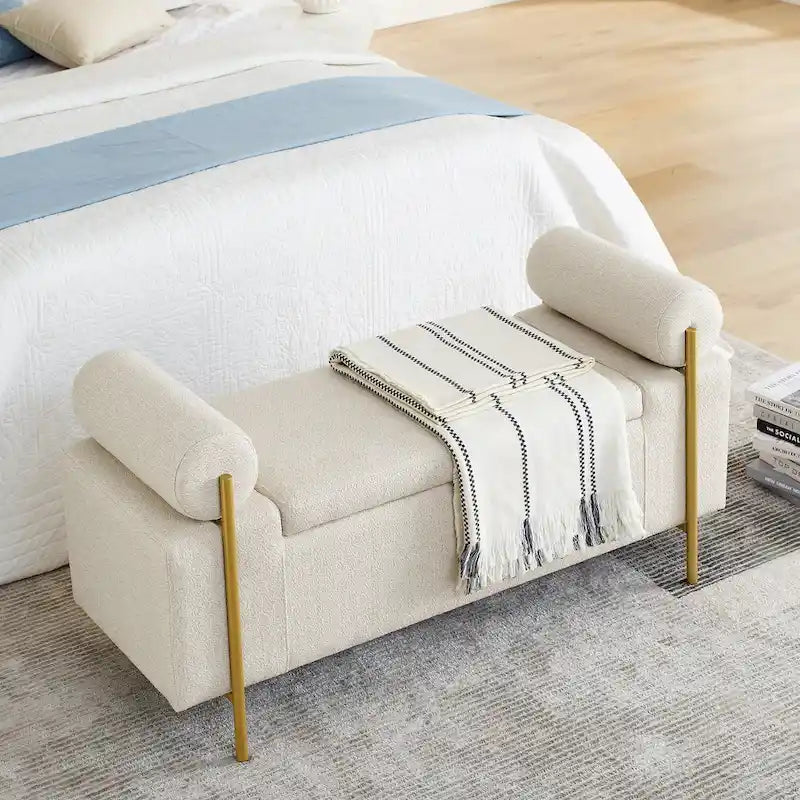 Linen Upholstered Storage Bench with Cylindrical Arms and Gold Metal Legs