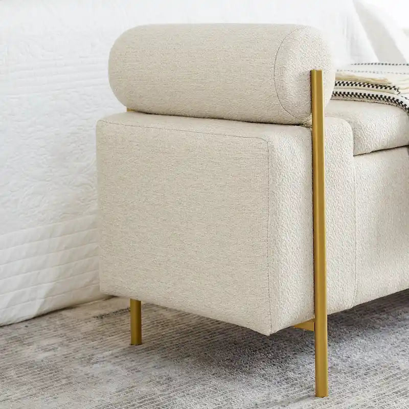 Linen Upholstered Storage Bench with Cylindrical Arms and Gold Metal Legs