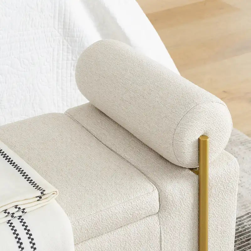 Linen Upholstered Storage Bench with Cylindrical Arms and Gold Metal Legs