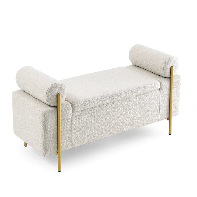 Linen Upholstered Storage Bench with Cylindrical Arms and Gold Metal Legs