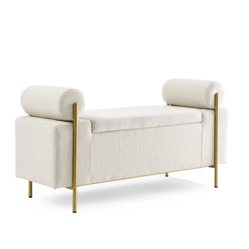 Linen Upholstered Storage Bench with Cylindrical Arms and Gold Metal Legs
