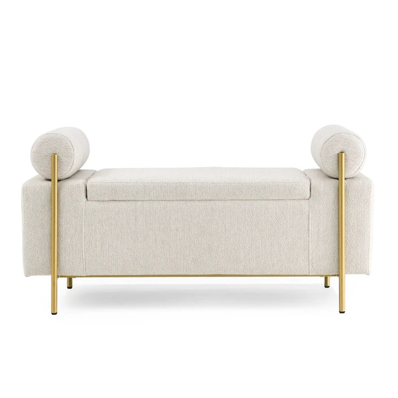 Linen Upholstered Storage Bench with Cylindrical Arms and Gold Metal Legs