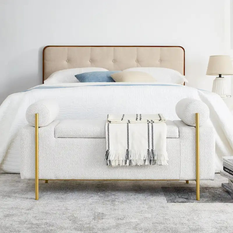 Linen Upholstered Storage Bench with Cylindrical Arms and Gold Metal Legs