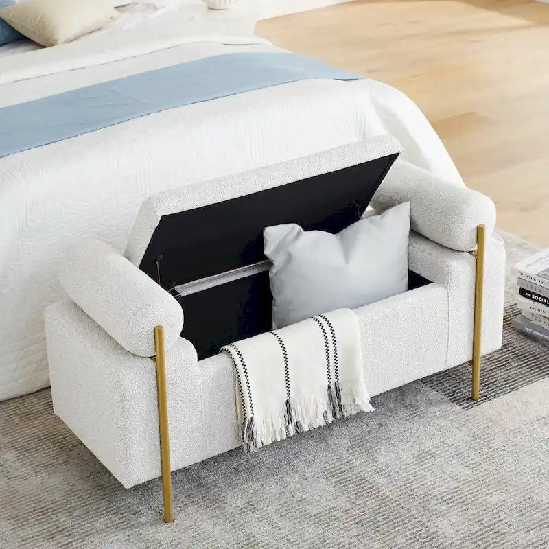 Linen Upholstered Storage Bench with Cylindrical Arms and Gold Metal Legs
