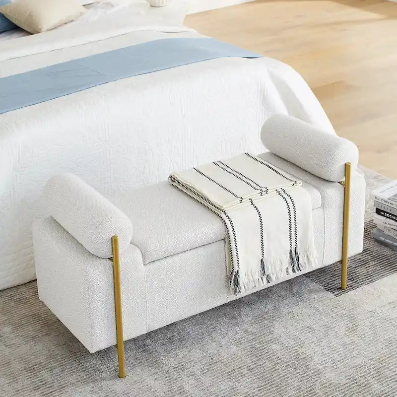 Linen Upholstered Storage Bench with Cylindrical Arms and Gold Metal Legs