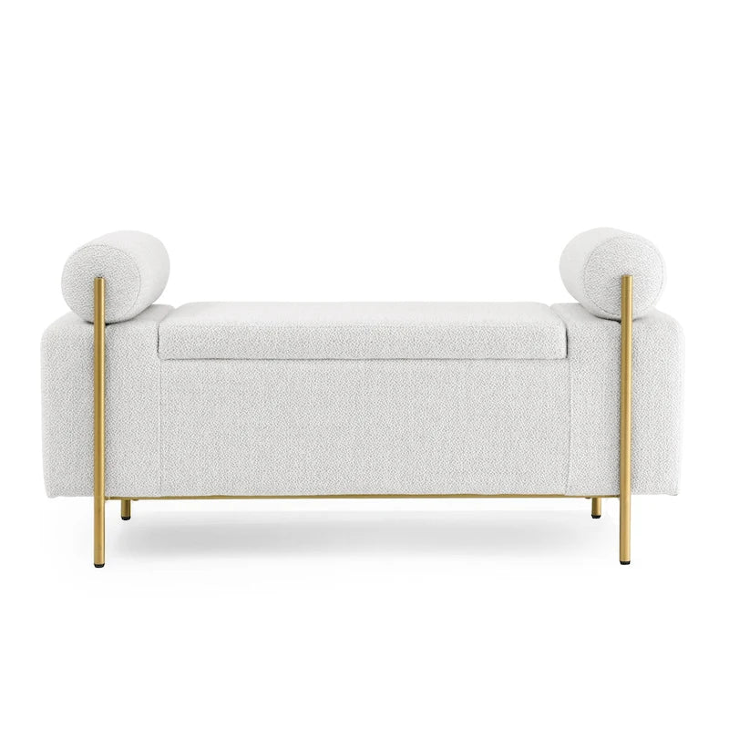 Linen Upholstered Storage Bench with Cylindrical Arms and Gold Metal Legs