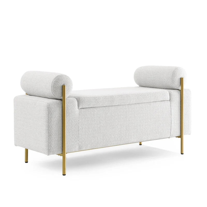 Linen Upholstered Storage Bench with Cylindrical Arms and Gold Metal Legs