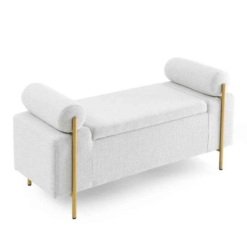 Linen Upholstered Storage Bench with Cylindrical Arms and Gold Metal Legs