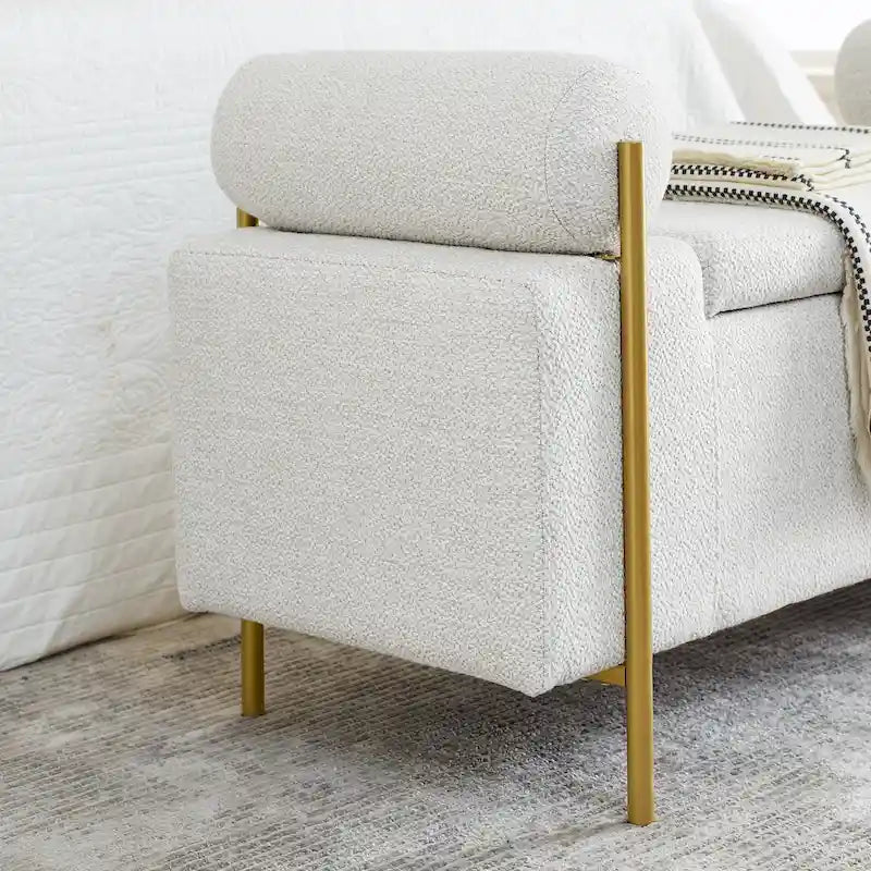 Linen Upholstered Storage Bench with Cylindrical Arms and Gold Metal Legs