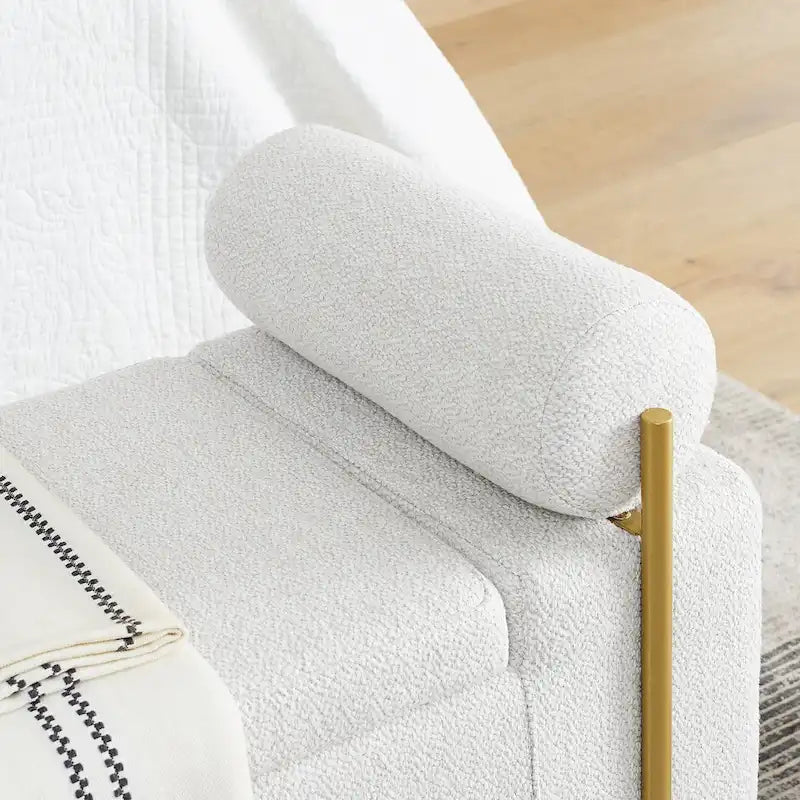 Linen Upholstered Storage Bench with Cylindrical Arms and Gold Metal Legs