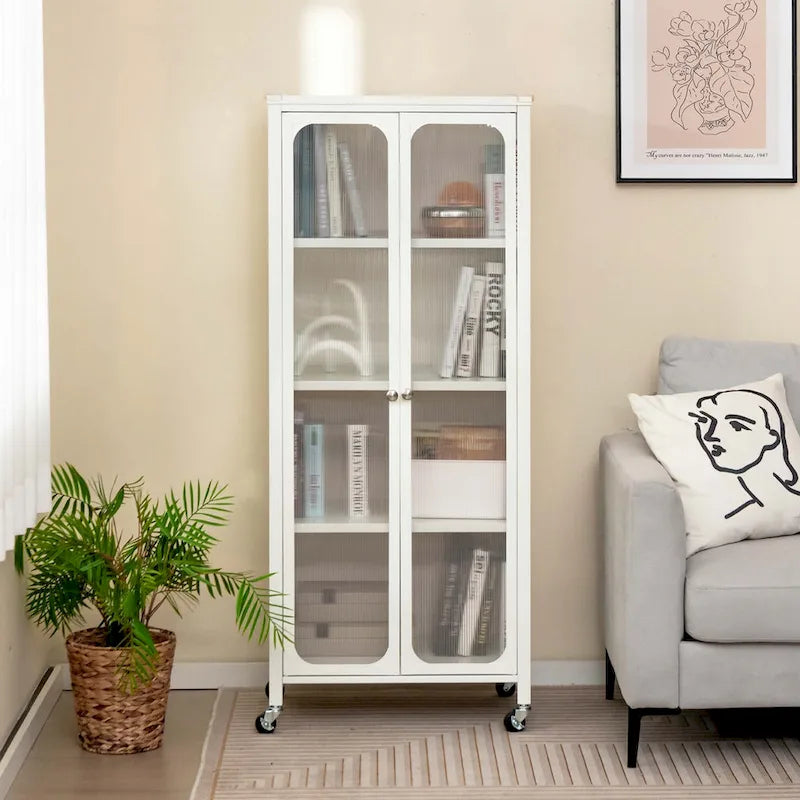 Storage Cabinet with Wheels & 2 Translucent Doors Adjustable
