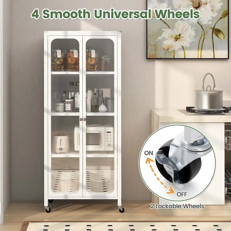 Armoire de rangement à roulettes avec 2 portes translucides réglables