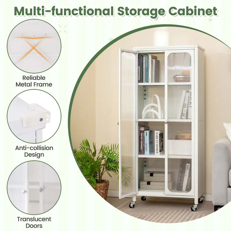 Armoire de rangement à roulettes avec 2 portes translucides réglables