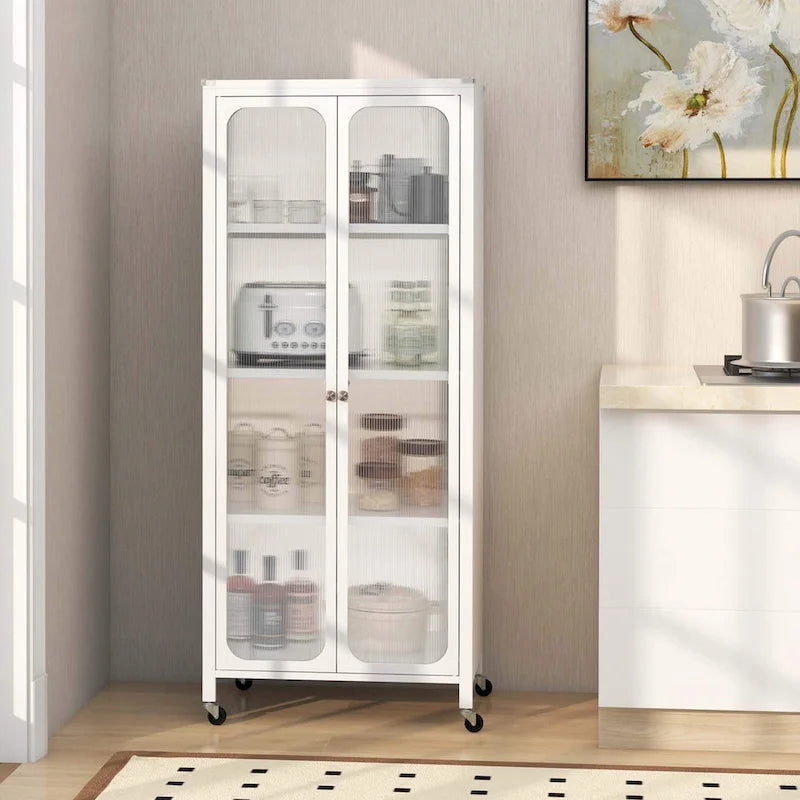 Armoire de rangement à roulettes avec 2 portes translucides réglables