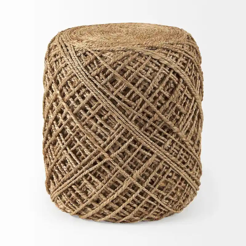 Pouf ottoman rond en laine tissée marron - repose-pieds et siège supplémentaire pour le salon