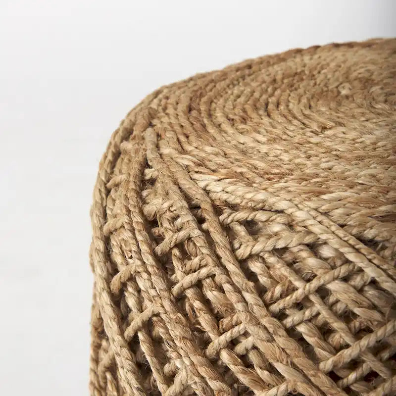 Pouf ottoman rond en laine tissée marron - repose-pieds et siège supplémentaire pour le salon
