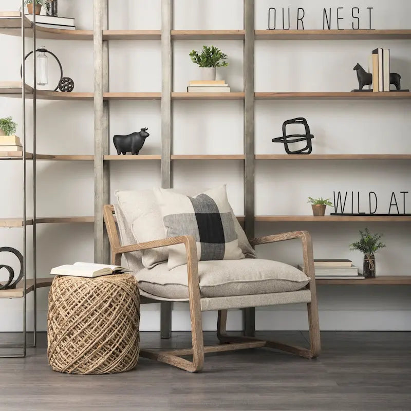 Pouf ottoman rond en laine tissée marron - repose-pieds et siège supplémentaire pour le salon