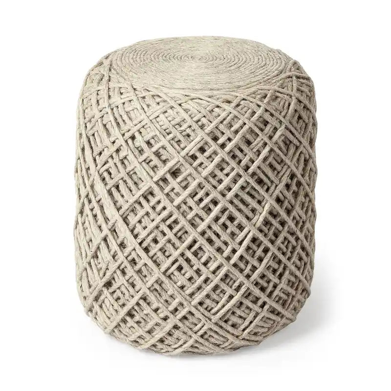 Pouf ottoman rond en laine tissée marron - repose-pieds et siège supplémentaire pour le salon