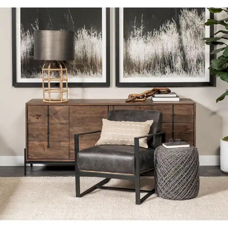Pouf ottoman rond en laine tissée marron - repose-pieds et siège supplémentaire pour le salon