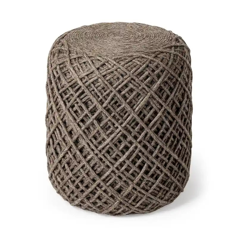 Pouf ottoman rond en laine tissée marron - repose-pieds et siège supplémentaire pour le salon