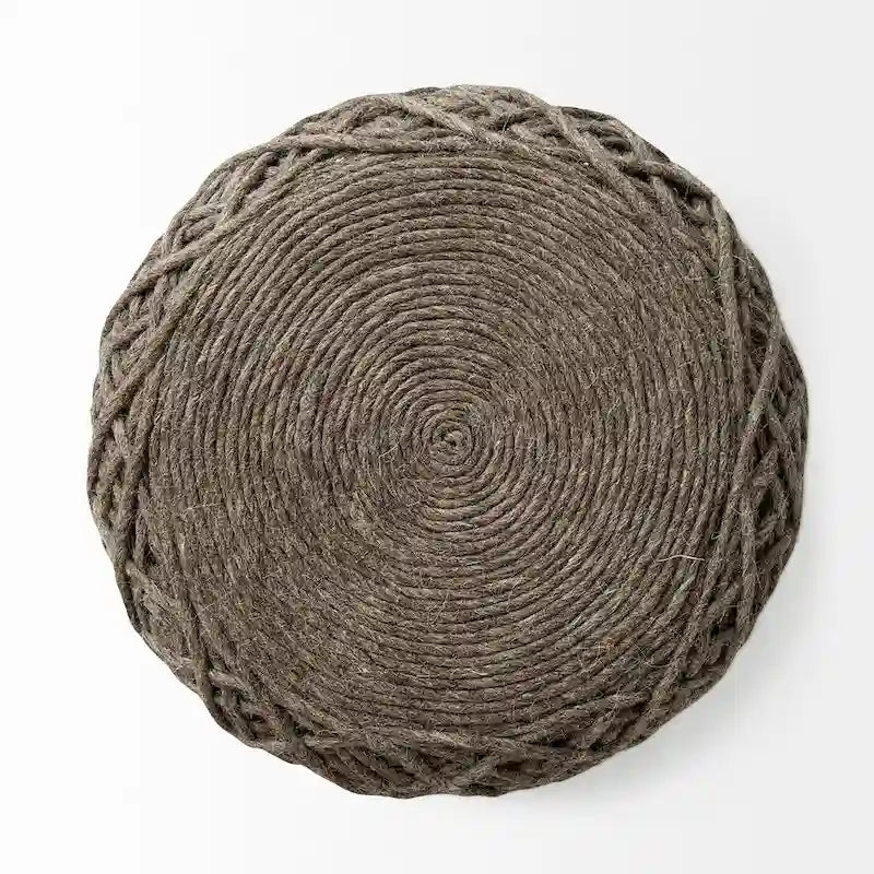 Pouf ottoman rond en laine tissée marron - repose-pieds et siège supplémentaire pour le salon