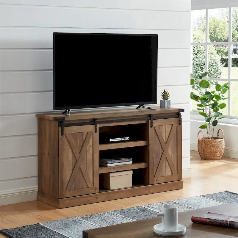 54 Farmhouse Sliding Barn Door TV Stand for TV up to 60 Inch Flat Screen